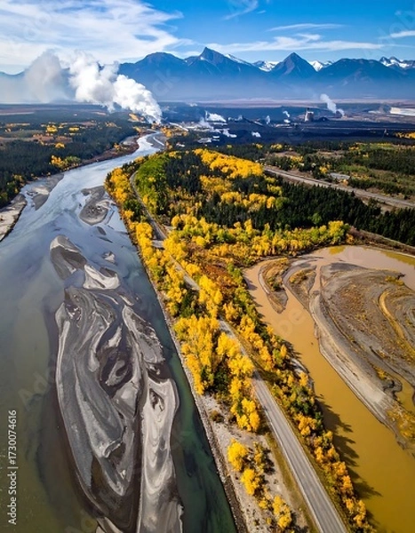 Obraz Autumnal river meanders through mountain valley