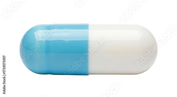 Fototapeta Close up of a blue and white gel capsule pill isolated on a dark surface