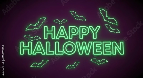 Obraz Spooky happy halloween with bats neon glow for festive invitations, party decorations, and seasonal promotions for holidays