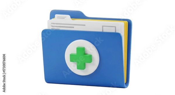 Fototapeta Blue medical folder with green cross symbol for health records and information management