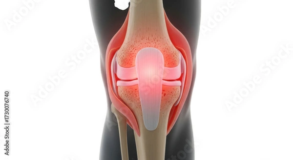 Fototapeta Anatomical view of a human knee joint showing inflammation and pain with detailed bone structure