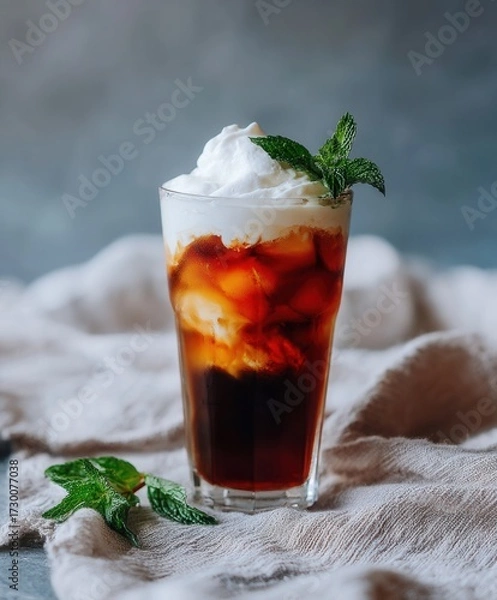 Fototapeta Iced coffee with whipped cream garnished with fresh mint on rustic background