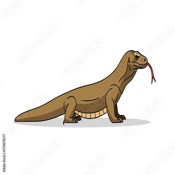 Obraz Cartoon illustration of a Komodo dragon with its tongue sticking out, standing on a white background.