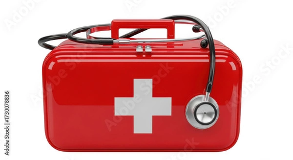 Fototapeta Red first aid kit with stethoscope isolated on black for medical emergency preparedness