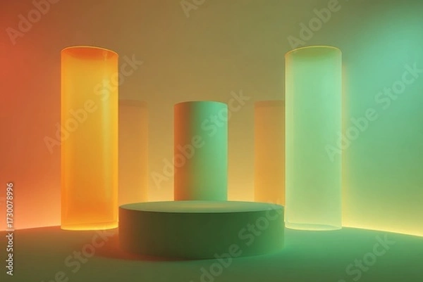 Fototapeta Modern, vibrant display featuring four translucent cylindrical forms, and a circular pedestal, bathed in a soft gradient of warm and cool hues.