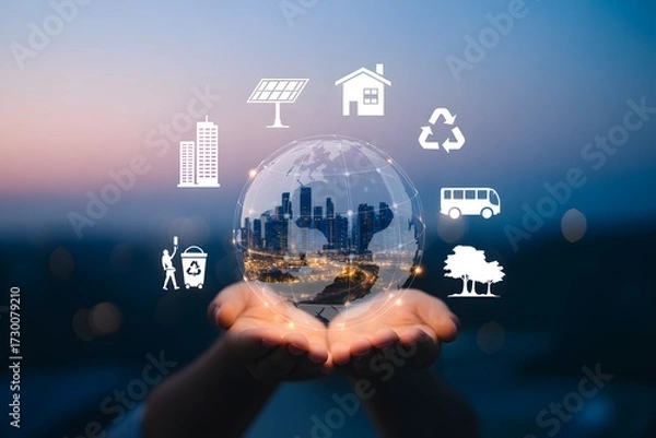 Fototapeta Hands holding a globe with city skyline and environmental icons concept for sustainability and clean energy vector illustration