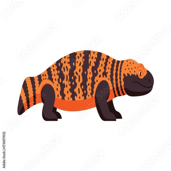 Obraz Illustration of a Gila Monster with orange and black markings, standing on a white background.