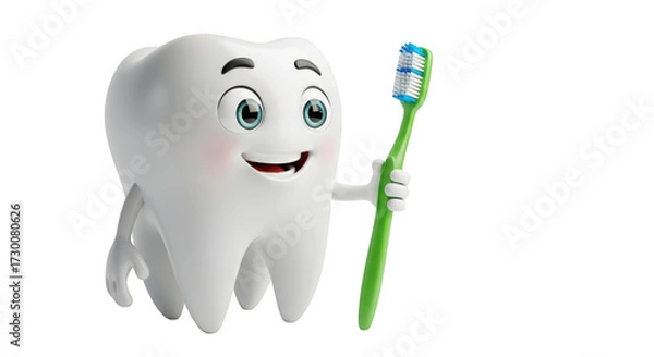 Fototapeta Happy cartoon tooth character holding a green toothbrush with a friendly smile