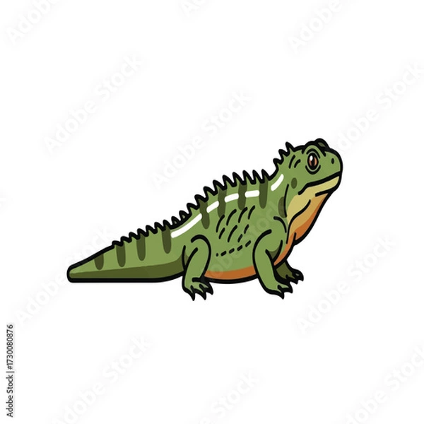 Obraz Cartoon illustration of a green iguana with spiky back scales, standing on a white background.