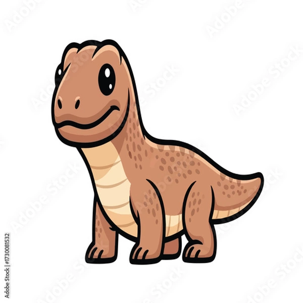 Obraz Cartoon illustration of a friendly, brown dinosaur standing on a white background.