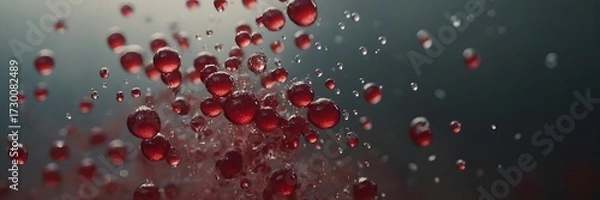 Obraz Red Bubbles Splash Abstract Background with Water Droplets and Dynamic Motion