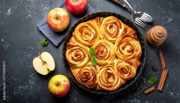 Obraz Baked apple rose tart on dark surface