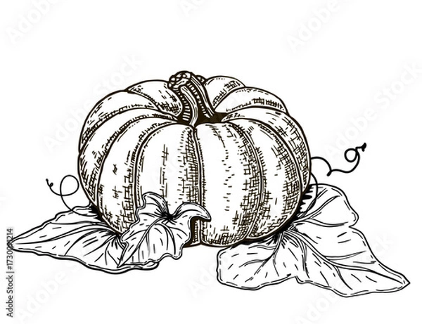 Fototapeta Hand drawn pumpkin with leaves and vine in sketch style isolated on white background. Thanksgiving. Plants sketches