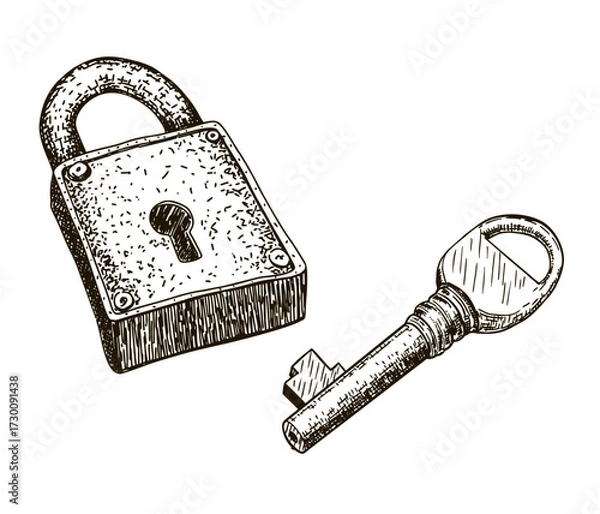 Fototapeta Metal key and a lock. Closed Padlock with the key. Isolated object on a white background