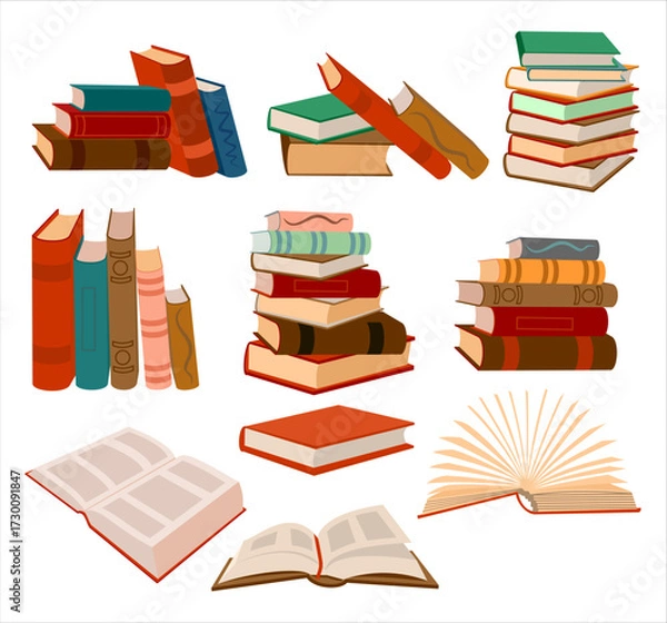 Fototapeta Set of flat books. Open book, Stack of books on a white background. Pile of books. Hardback books composition. Colored cartoon