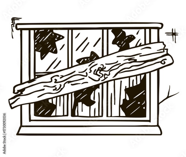 Fototapeta Broken and boarded up window sketch. Abandoned house window. Concept symbol, hand drawn illustration