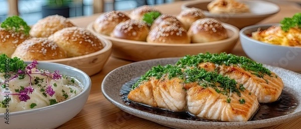 Fototapeta Gourmet Buffet Presentation Of Grilled Salmon Rolls And Various Dishes