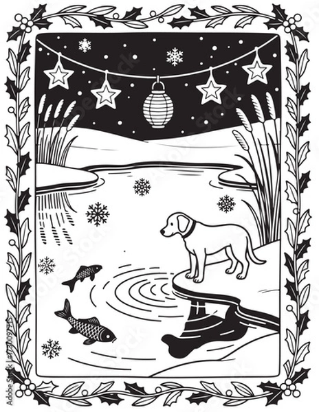Fototapeta Christmas Coloring Page with Dog by Winter Pond and Fish Under Snowflakes and Lanterns for Kids and Adults