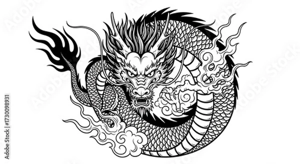 Fototapeta A detailed black and white illustration of a traditional east asian dragon, coiled and majestic, with flowing mane and whiskers, surrounded by stylized clouds