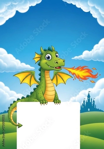 Obraz A green cartoon dragon breathing fire over a blank sign with a castle in the background under a cloudy blue sky