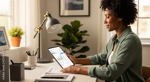 Fototapeta  A person (40s, diverse) is calmly and efficiently managing bills on a tablet, smiling slightly. The setting is a clean, organized home office bathed in natural light, conveying ease and control over 