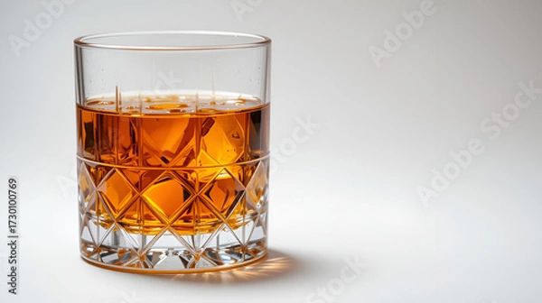 Fototapeta Elegant snifter glass filled with amber whiskey on a white background, perfect for beverage and alcohol-related designs and projects.
