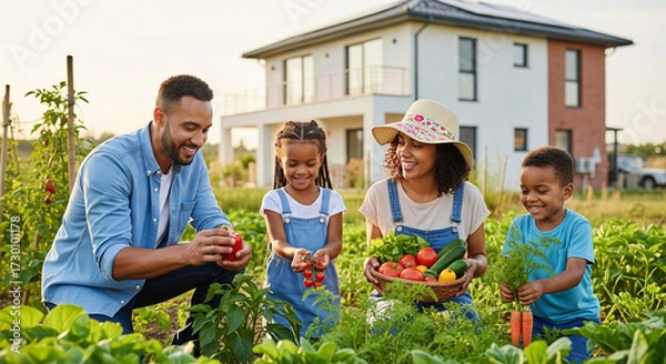 Fototapeta  A diverse family (parents, two children) is happily tending to a home garden, picking fresh vegetables. A modern, energy-efficient house is in the blurred background, subtly suggesting financial choi