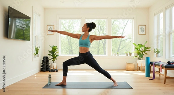 Fototapeta A person (30s, diverse) is joyfully doing yoga or exercising in a bright, modern home gym or studio. The focus is on health and well-being, highlighting the ability to invest in personal care.png