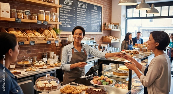 Fototapeta  A small business owner (40s, diverse) is proudly standing inside their well-decorated shop (e.g., a bakery, boutique) with a welcoming smile, serving a customer. The scene is bustling but joyful, ref