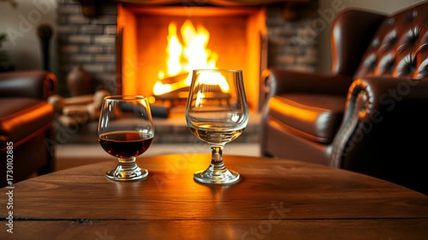 Fototapeta Empty glass brandy snifter on a wooden table in a living room with a fireplace and brown leather armchair. Relaxing scene with warm glow of a cozy fire in the background.