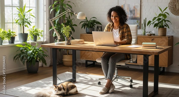 Fototapeta A solo business owner (30s, diverse) is happily working on their laptop from a beautifully designed home office, with a pet (e.g., a cat) curled up nearby, symbolizing work-life balance and personal .