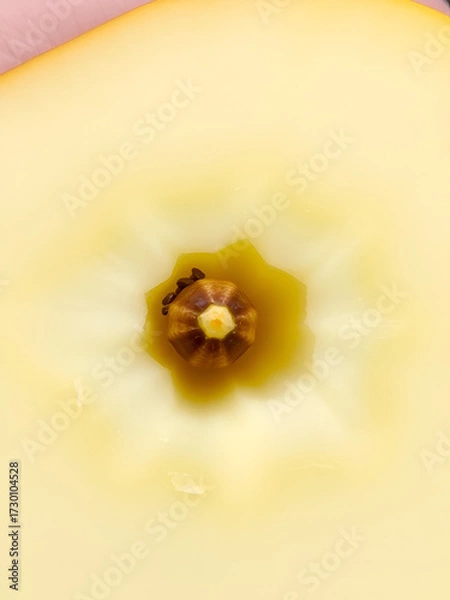 Fototapeta A single fresh slice of a yellow apple showing its pale flesh core and one brown seed.