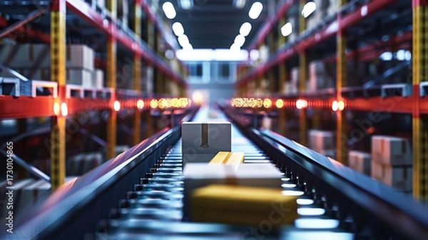 Obraz Automated distribution center conveying packages efficiently through warehouse