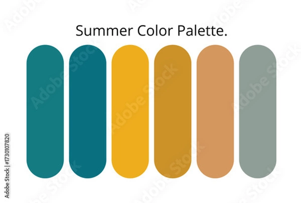 Fototapeta Summer color palette featuring teal, golden yellow, ocher, warm brown, peach, and soft gray shades, offering a modern stylish scheme for design, fashion, branding, decor, and creative inspiration.