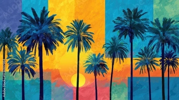 Obraz Artistic summer collage with palm trees concept. Vibrant sunset over palm trees in a colorful tropical landscape.