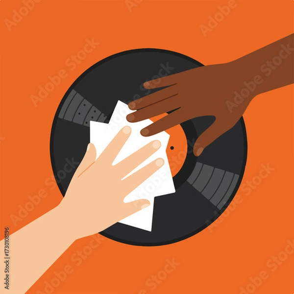 Fototapeta Two hands cleaning vinyl record with white cloth, on orange background