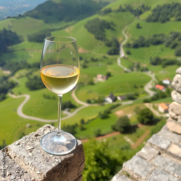 Fototapeta A glass of white wine on a stone ledge with a view of green hills, winding roads, and scattered houses in the countryside