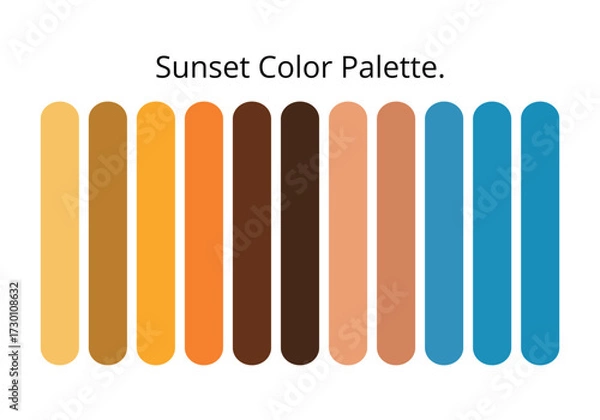 Fototapeta Sunset color palette with warm golden yellow, orange, brown, peach, and cool blue shades, harmonious gradient tones for design inspiration, branding, digital art, web design, fashion, and creative pro