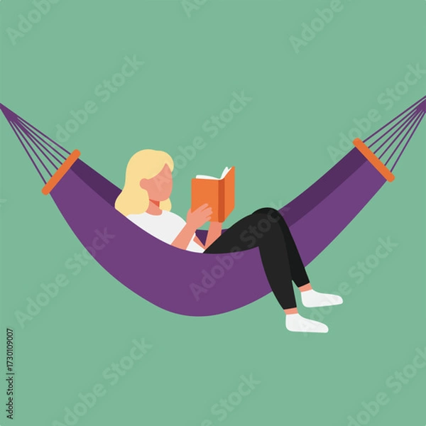 Obraz Relaxed lady reading in a purple hammock on a green background, simple illustration