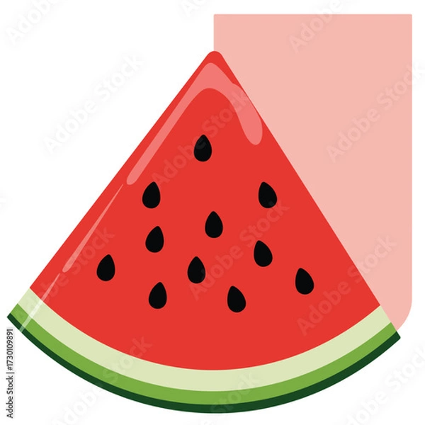 Fototapeta Slice of red watermelon with black seeds, green and white rind