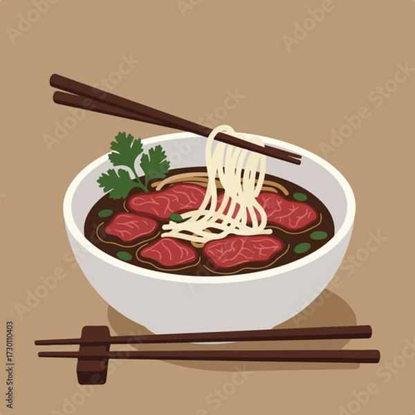 Fototapeta A vector bowl of beef noodle soup with chopsticks on a tan background