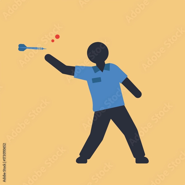 Fototapeta Person throwing dart, stylized figure on peach background with dart and red specks