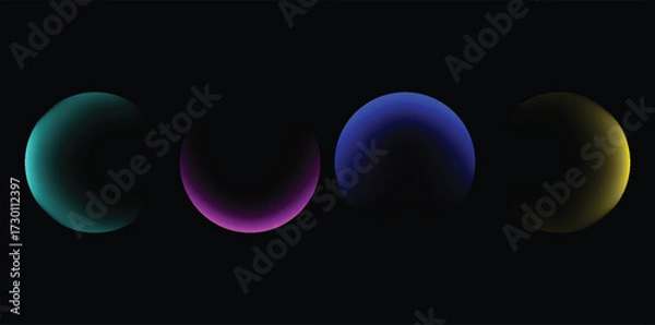Fototapeta Futuristic dark gradient spheres glowing in teal, magenta, blue, and yellow on a black background. Minimal abstract design with neon 3D orb effect for modern digital art, posters, branding, and creati