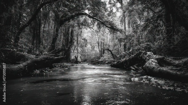 Fototapeta Monochrome river flows in a serene dense forest, fallen trees lining the banks