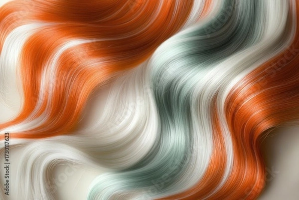Fototapeta Strikingly styled, flowing hair strands in vibrant shades of orange, white, and sage green, featuring a smooth, elegant texture and dynamic movement.