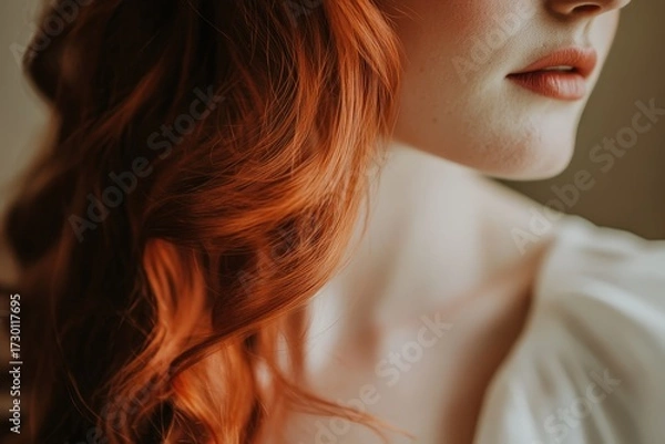 Fototapeta Close-up view of a woman's reddish-brown wavy hair and delicate skin, highlighting the soft curves of her neck and face.