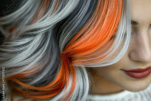 Fototapeta Close-up view of vibrant, multicolored hair with graceful, flowing curls; the interplay of shades of gray, black, and rich orange creates a striking visual effect.