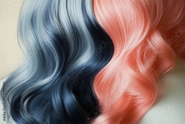 Fototapeta Close-up of beautifully styled hair with a striking ombre effect, showcasing a gradient of soft blues and purples transitioning to a vibrant peachy-pink.