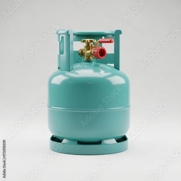 Fototapeta Teal gas cylinder with a red valve lever on top.