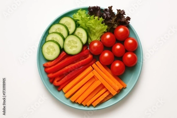 Fototapeta Turquoise plate displays fresh cucumber slices, cherry tomatoes, carrot sticks, red bell pepper strips, and mixed leafy greens